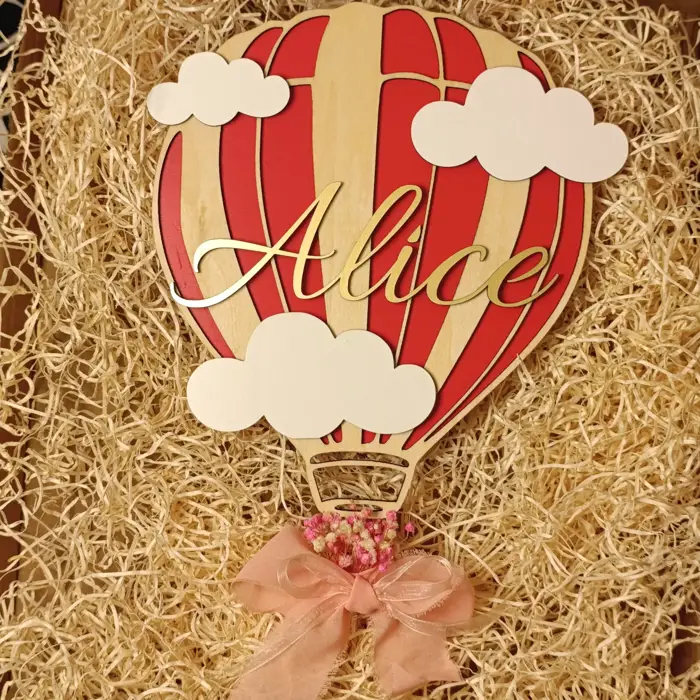 Acquista Fuoriporta nascita mongolfiera personalizzato in legno - prodotti artigianali in legno e candele