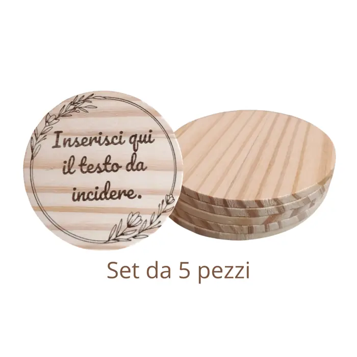 Set di 5 Sottobicchieri in Legno Naturale con Incisione Personalizzata