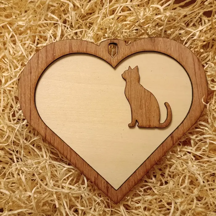 Targa a Cuore in Legno "Gatto" 2 Layer con Incisione Personalizzata