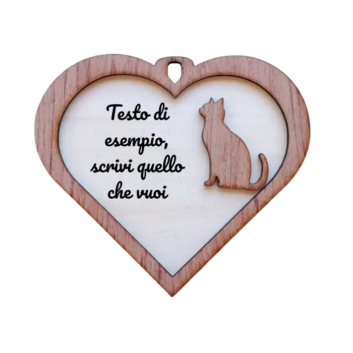 Targa a Cuore in Legno "Gatto" 2 Layer con Incisione Personalizzata