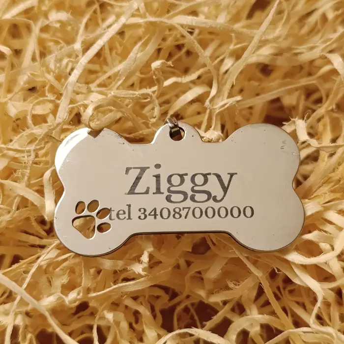 Acquista Targhetta cane in acciaio personalizzata a osso - prodotti artigianali in legno e candele