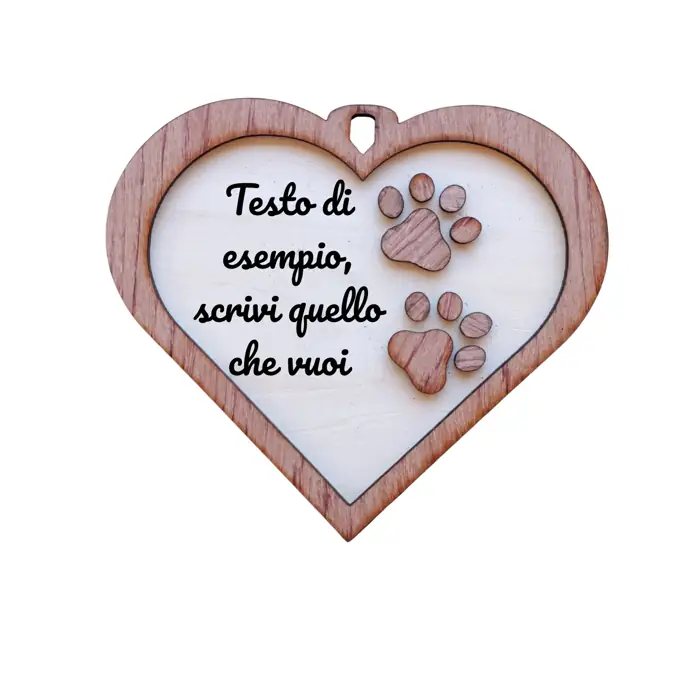 Targa a Cuore in Legno "Zampette" 2 Layer con Incisione Personalizzata